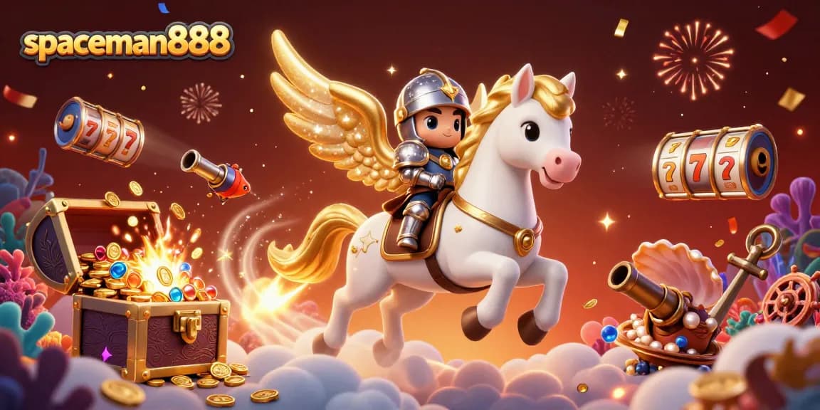 Win big at spaceman888 with a magical knight and a celestial steed amidst shimmering casino treasures.