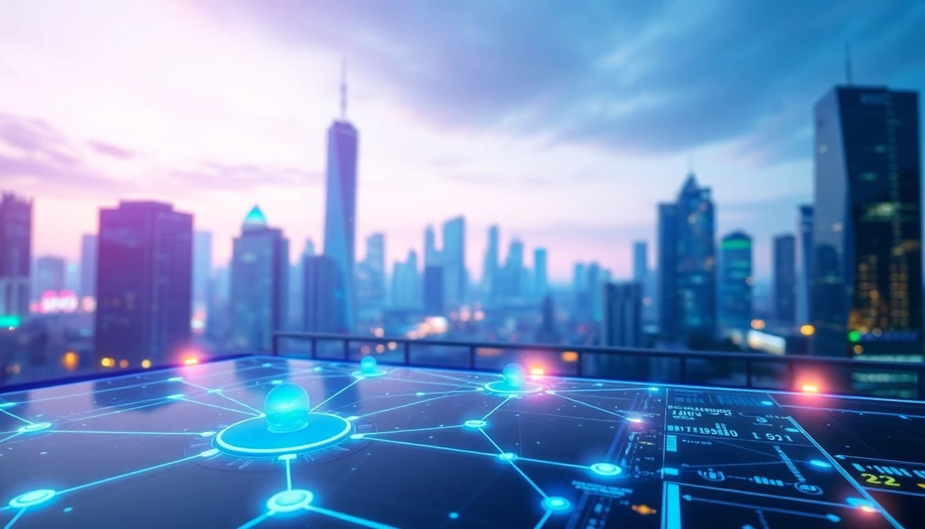 EORMC blockchain technology illustrated in a futuristic city, emphasizing data connectivity and innovation.