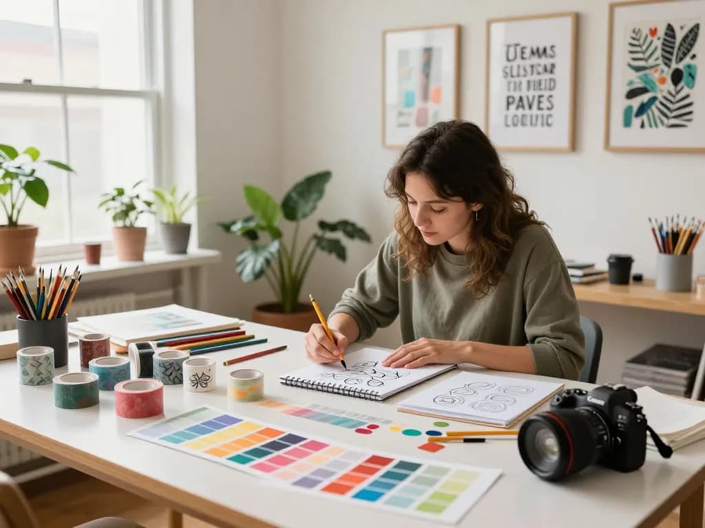 Artistic workspace with custom washi tape rolls and vibrant designs in a creative studio.