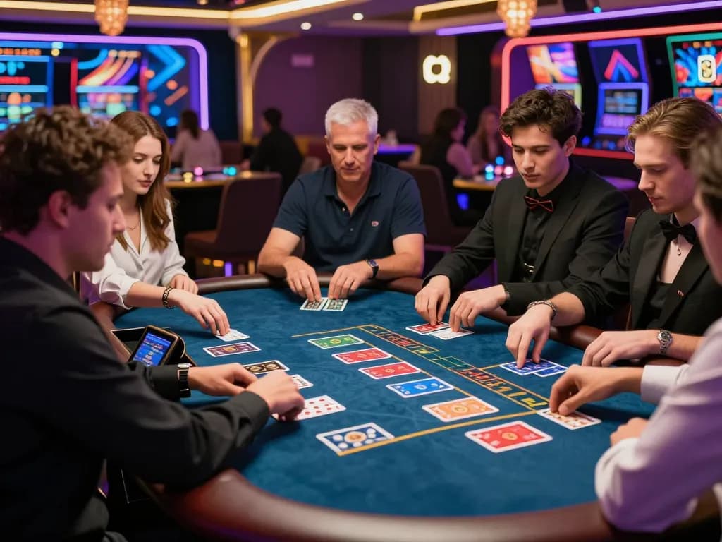 Engaging baccarat gaming experience at a vibrant 바카라사이트 with colorful cards and players using smart devices.