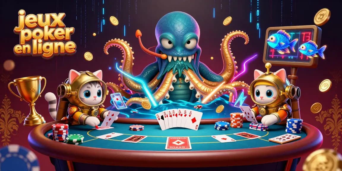 Jouez jeux poker en ligne avec des personnages colorés et des jetons scintillants autour d'une table dynamique.