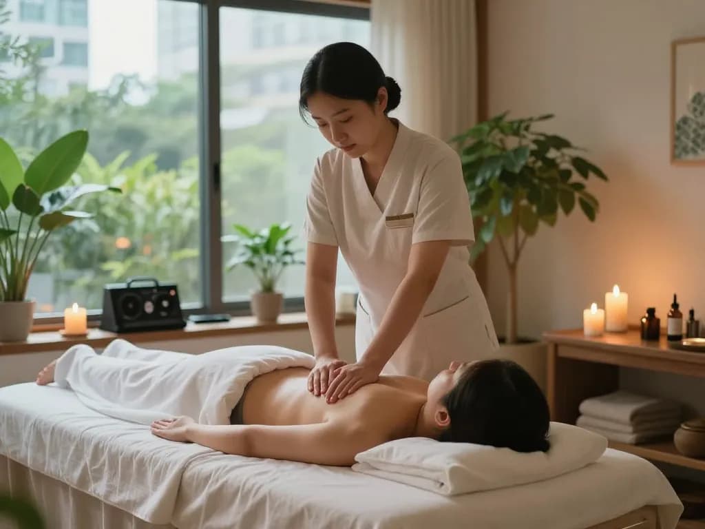 Relaxing 강남마사지 scene featuring a skilled therapist in a tranquil spa setting with aromatic candles and soft lighting.