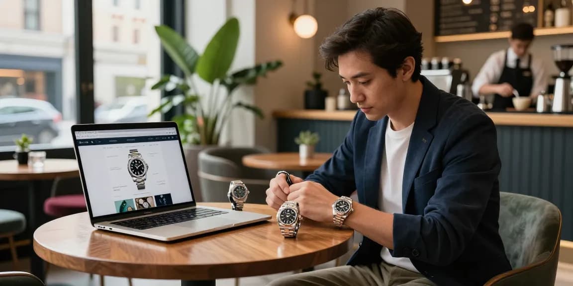 Person admiring a rolex replica watch in a stylish café, showcasing luxury and elegance.