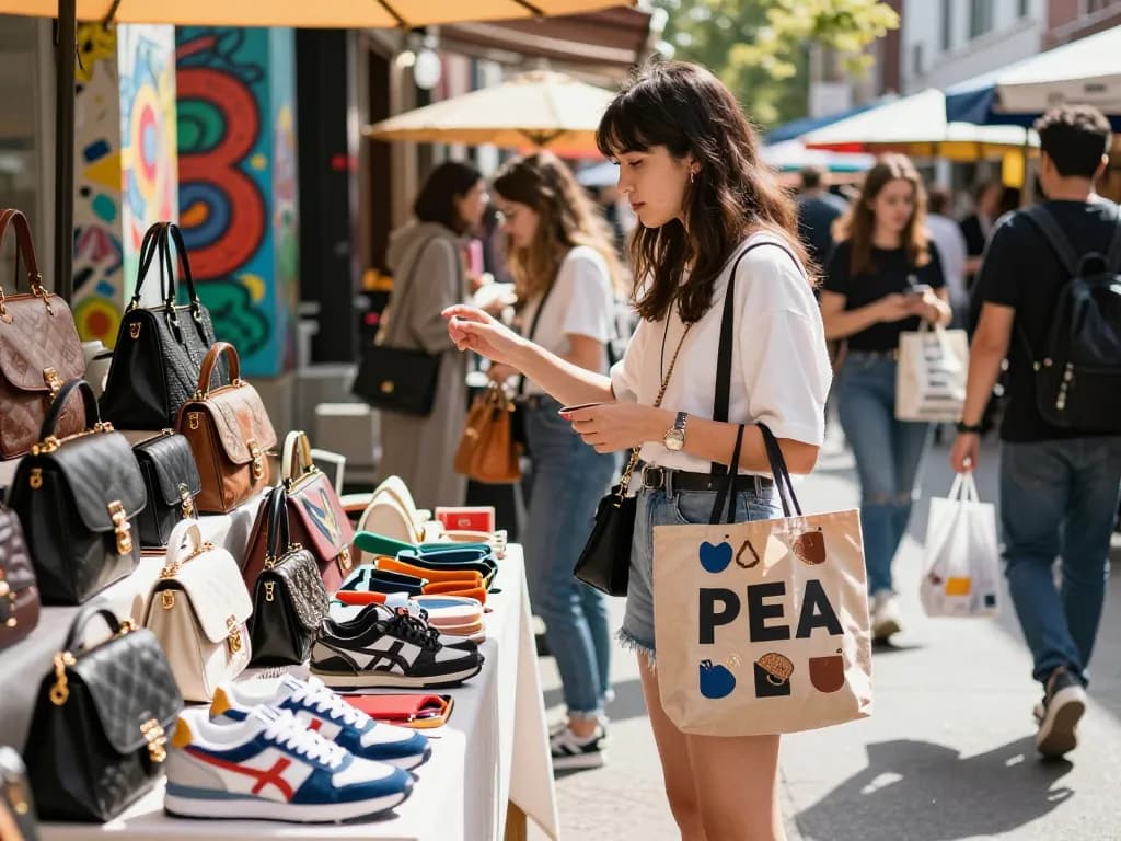 Fashionable woman exploring 레플리카 sneakers and handbags in vibrant urban market.