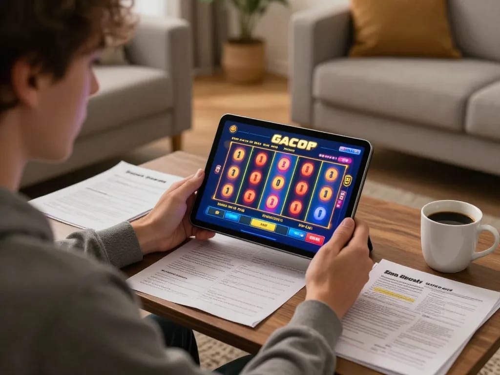 Engaging player immersed in slot gacor online gaming experience in cozy home setting with strategic notes.