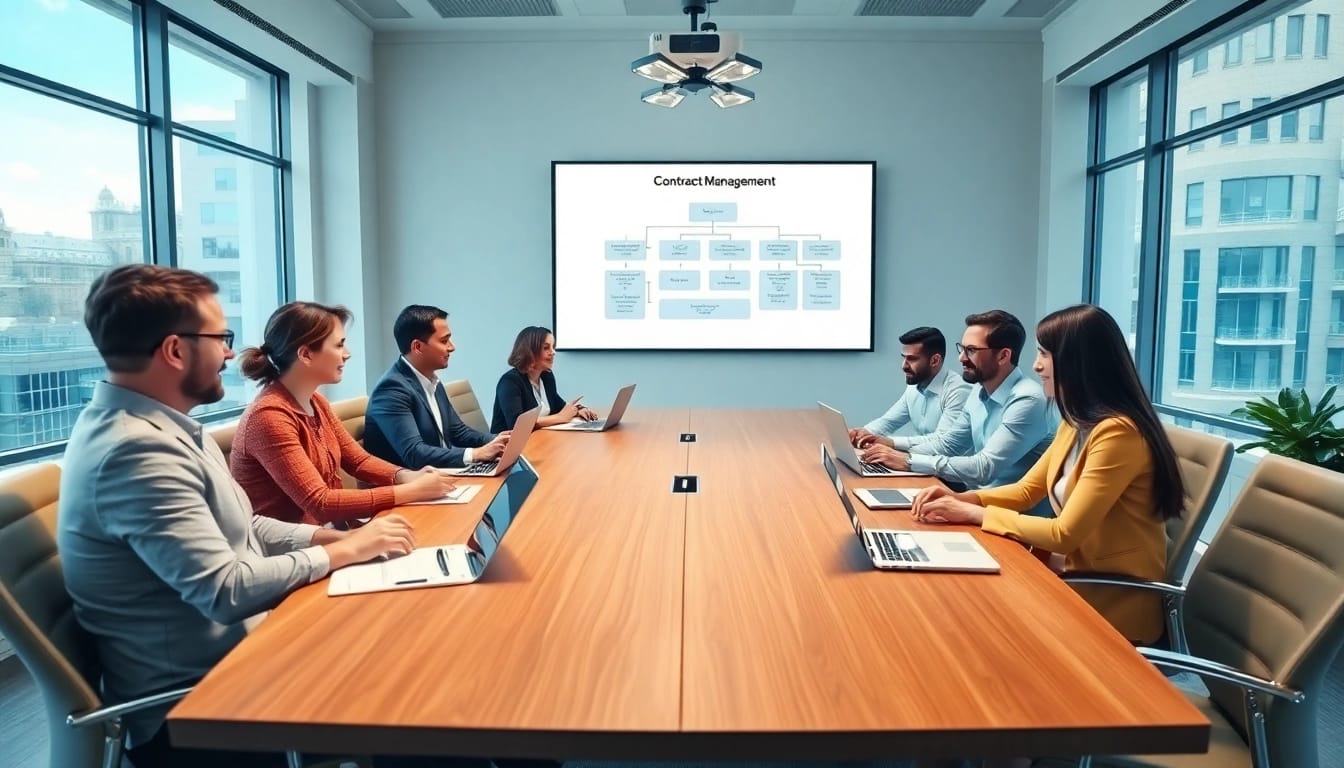 Professionals engaged in contract management discussions during a modern business meeting.