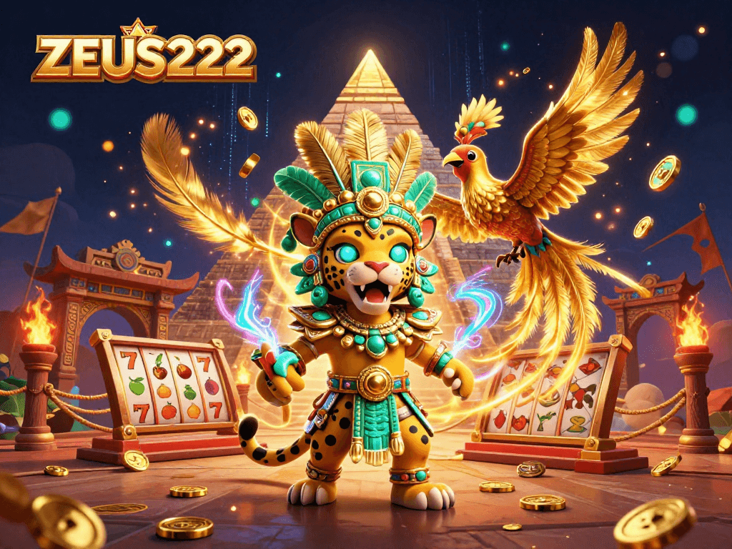 Experience big wins with ZEUS222 in this vibrant online slots illustration.