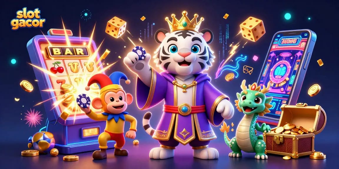 Experience slot gacor with dynamic characters and jackpot elements in a vibrant casino scene.