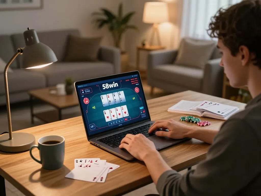 Player using laptop for poker game on 58win while taking notes at a cozy desk.