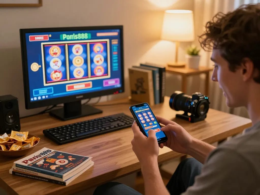 Engaging with paris888 mobile app in a cozy gaming setup while enjoying slot games