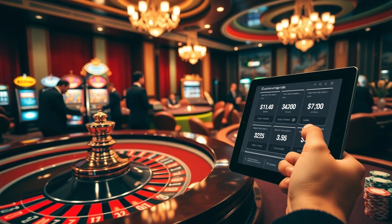 Scène captivante d'une roue de roulette et de joueurs dans un casino en ligne fiable, illustrant l'excitation du jeu.