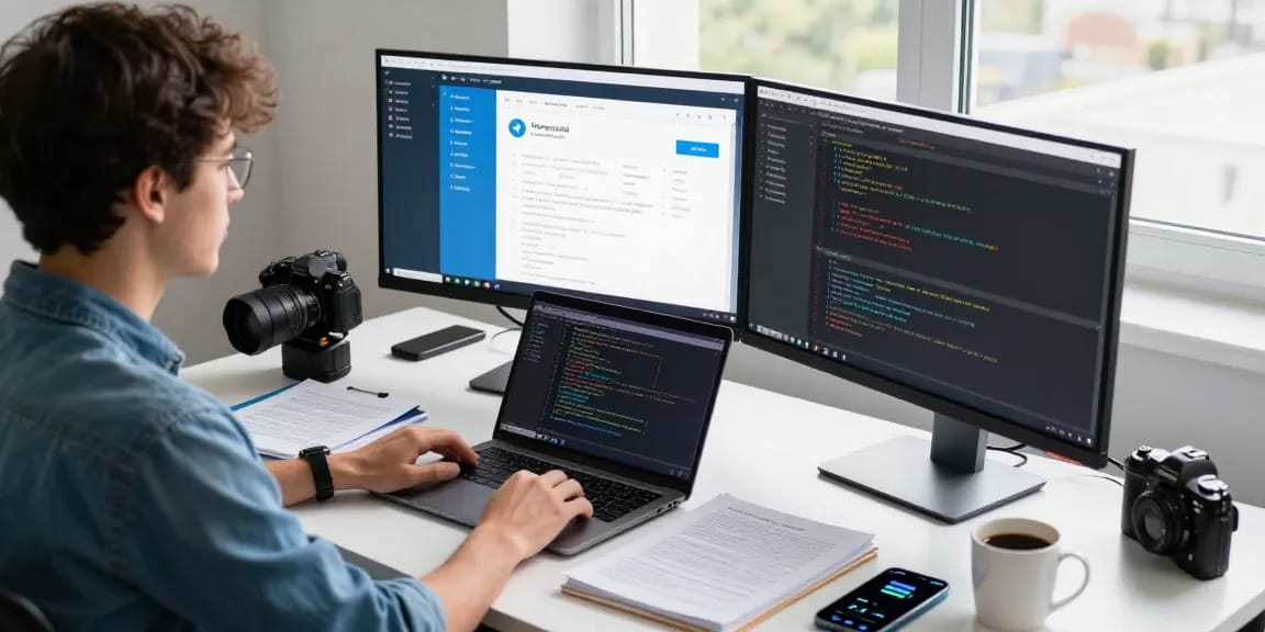 Developer coding on a dual monitor setup showcasing 纸飞机中文版 in a modern workspace.