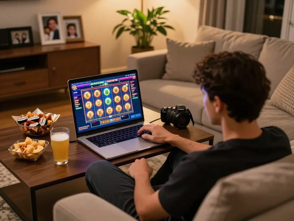 Engaging in slot online gaming from home on a laptop in a cozy setting.