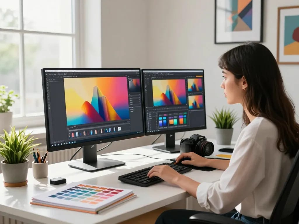 Designer using Nano Banana Pro AI image editor in a modern workspace, showcasing vibrant creativity and advanced image editing tools.