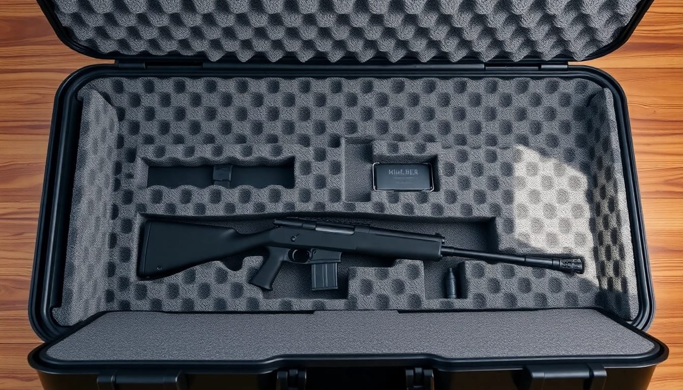 Foam for rifle case with organized compartments and textured detail in a natural setting.