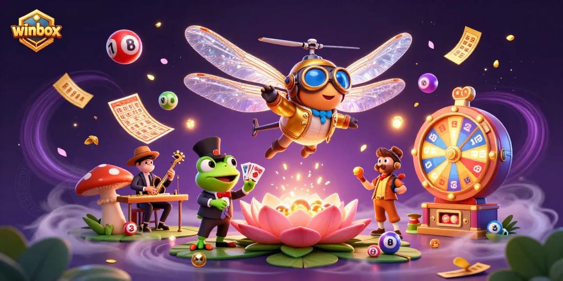 Experience thrilling winbox gaming with vibrant lottery balls and a lively frog croupier in a dynamic casino scene.