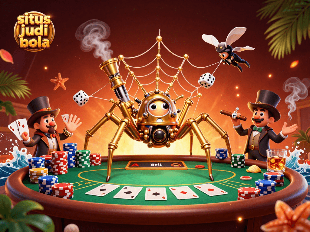 Engage with the thrilling situs judi bola scene featuring a steampunk spider and poker elements.