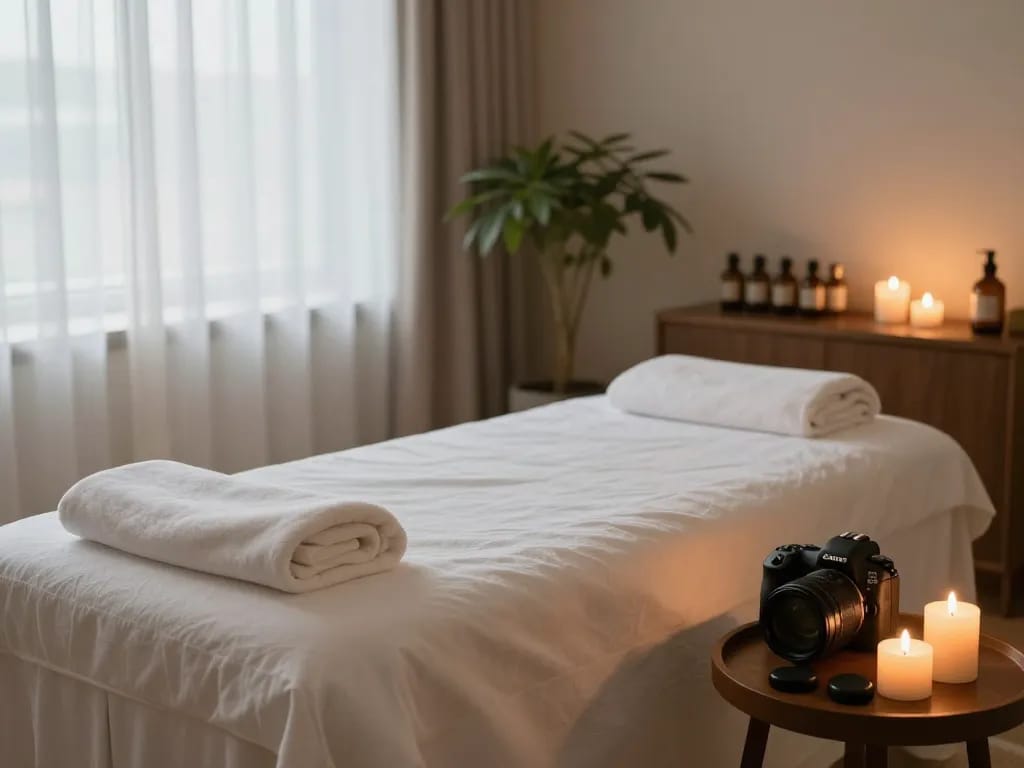Relaxing spa scene showcasing a massage room with a focus on역삼동마사지, featuring a plush massage table and calming decor.