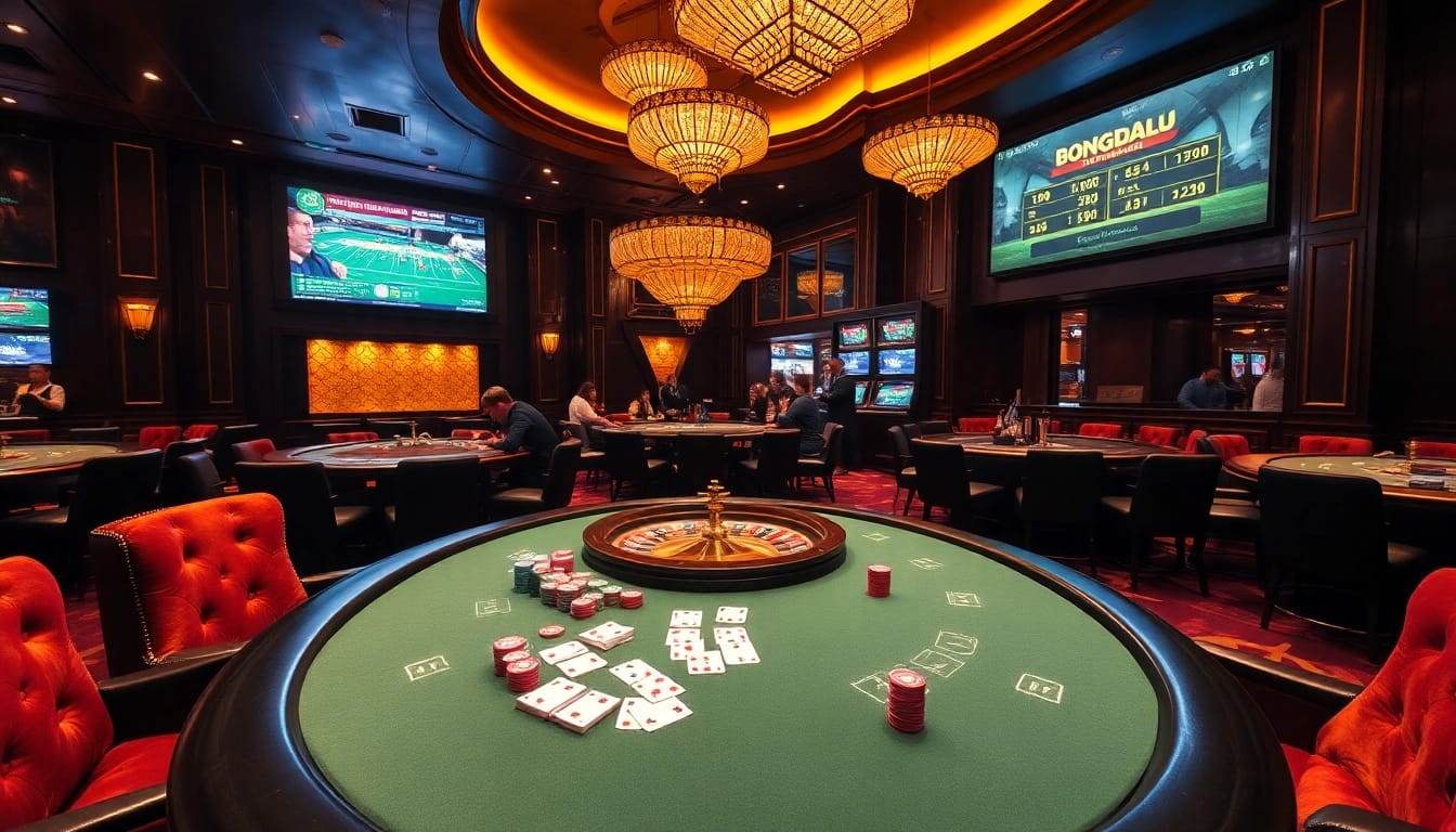 Bongdalu live score updates displayed in a vibrant casino setting with poker chips and roulette wheel.