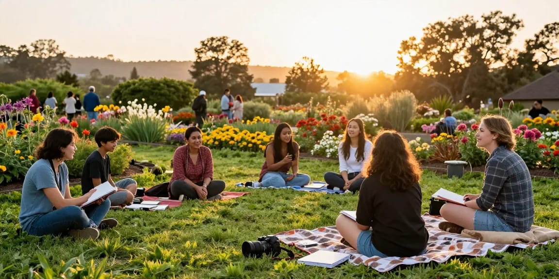 Explore the stunning gardens at https://www.thecapayvalleygardentour.com with diverse tourists enjoying blooming flowers.