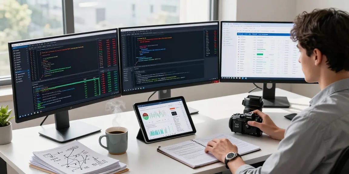 Taiwan stock fundamental data API showcased in a tech workspace with financial analysis tools, reflecting a modern developer's environment.