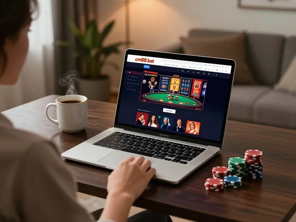 Engaging in online casino gaming on cm88-bet with a stylish setup and poker interface