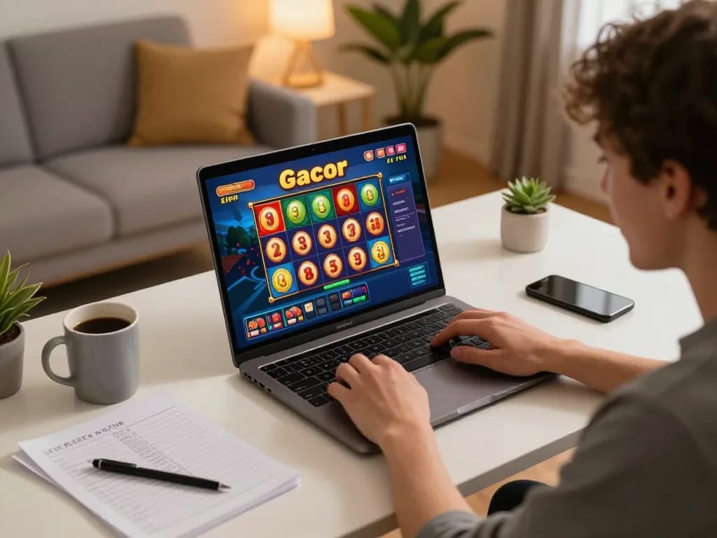 Playing slot gacor viral on a laptop at home, showcasing exciting online gaming experience.