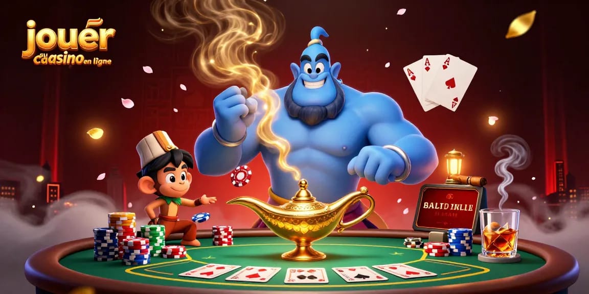 Jouez au casino en ligne avec ce visuel captivant et dynamique d'une lampe aux génies.