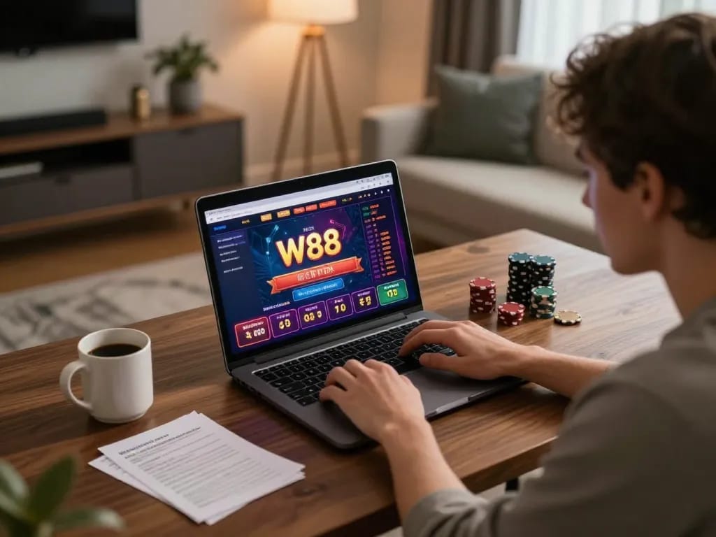 Engaging gameplay at W88 online casino with a player strategizing while using a laptop in a cozy home setting.