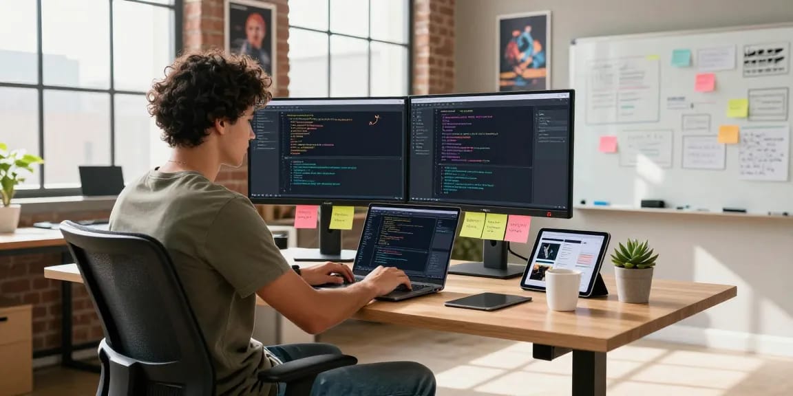 Dive into 纸飞机中文版 with a modern workspace scene showcasing a developer coding on dual monitors.