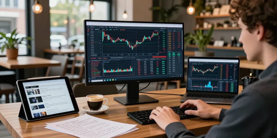Best cloud mining insight at a coffee shop with cryptocurrency trading on display, showcasing Bitcoin charts and DeFi dashboards