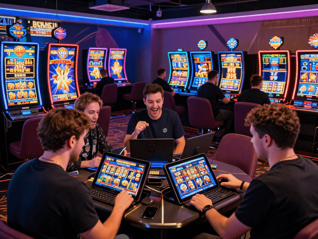 Exciting bonus buy slots UK gaming scene with players enjoying colorful online slots and lively atmosphere.