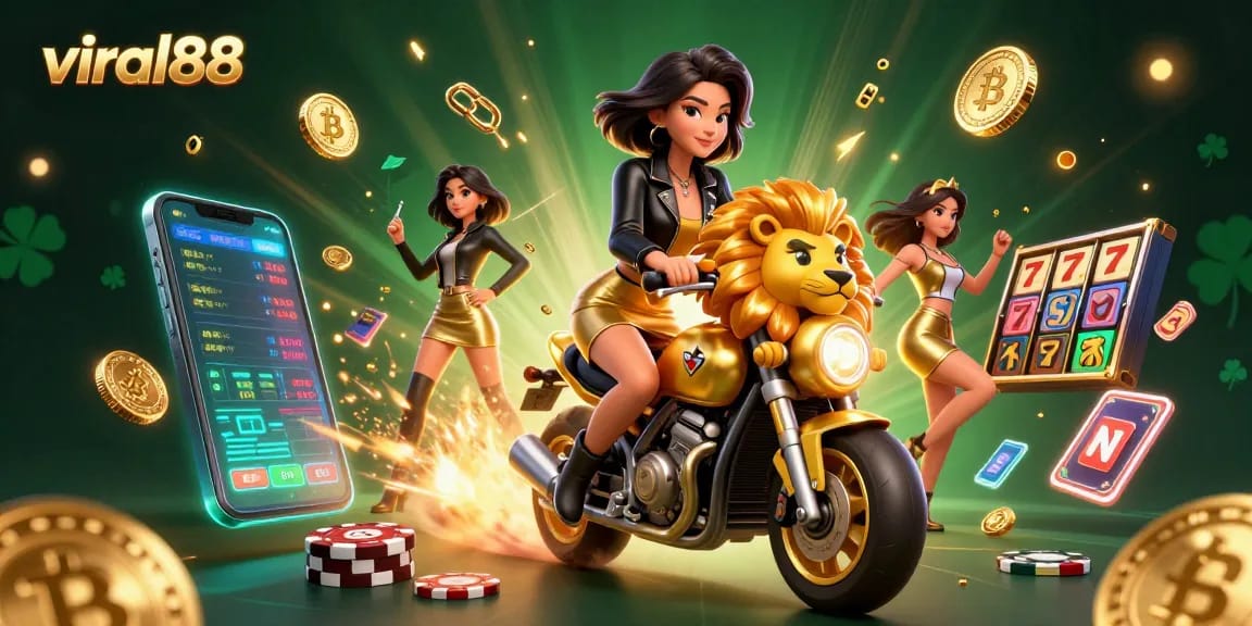 Experience the thrill of viral88 with a glamorous scene of gambling excitement featuring a dynamic character riding a golden lion.