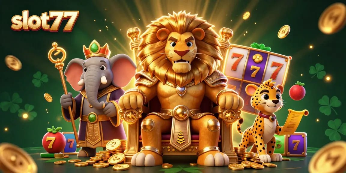 Experience thrilling gameplay with slot77 featuring a lion king and casino elements in 3D