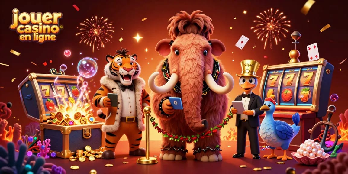 jouer au casino en ligne avec des personnages animés dans une scène dynamique remplie de trésors et de confettis