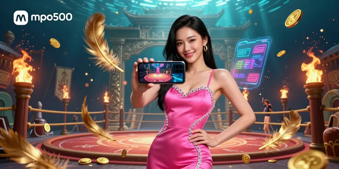Engage in thrilling casino excitement with mpo500, showcasing a stunning woman with a smartphone in a vibrant gaming atmosphere.