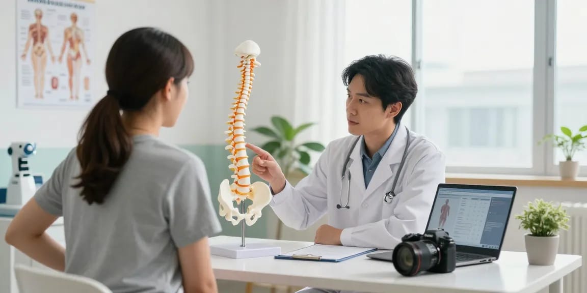 Patient discussing Bel kayması ameliyatı with a surgeon in a bright clinic.