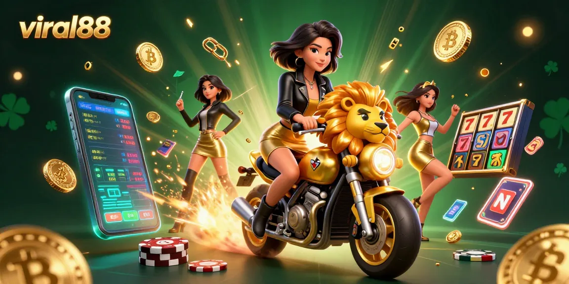 Experience the thrill of viral88 with a glamorous scene of gambling excitement featuring a dynamic character riding a golden lion.