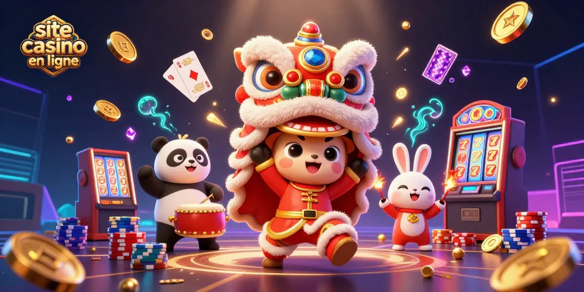 Jouez sur un site casino en ligne en découvrant une illustration 3D colorée d'une danse du lion et des éléments de jeu.