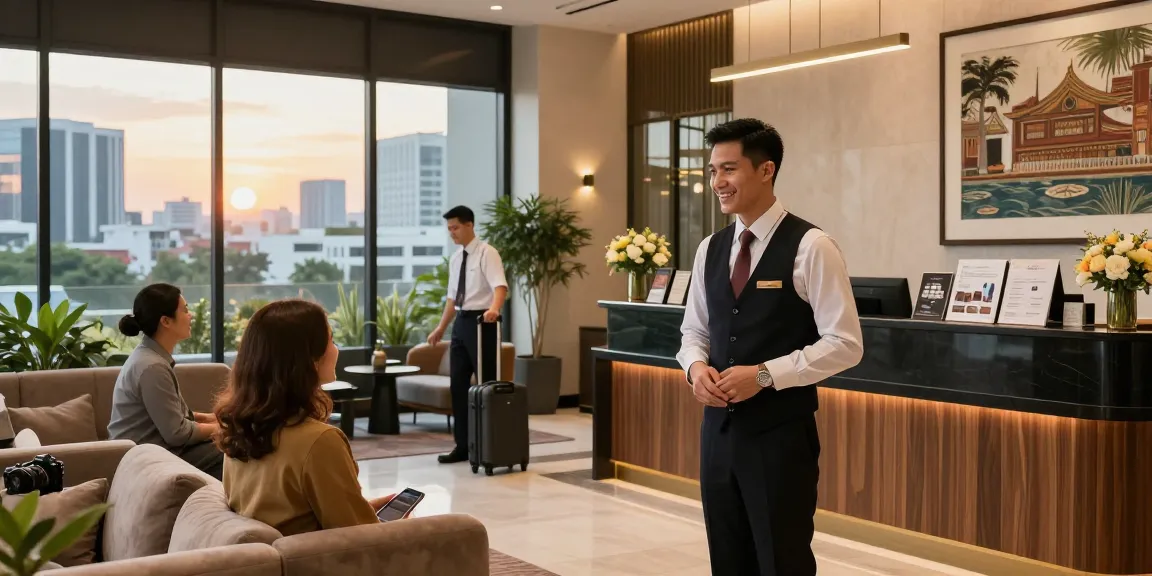 Discover the welcoming ambiance of ROKOK88 hotel in Kebayoran Baru, showcasing a friendly concierge and elegant decor at https://rokok88.io.