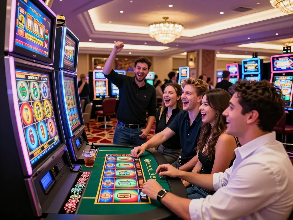 Group of friends enjoying a Dragon Link slot at a casino, celebrating their link slot win.