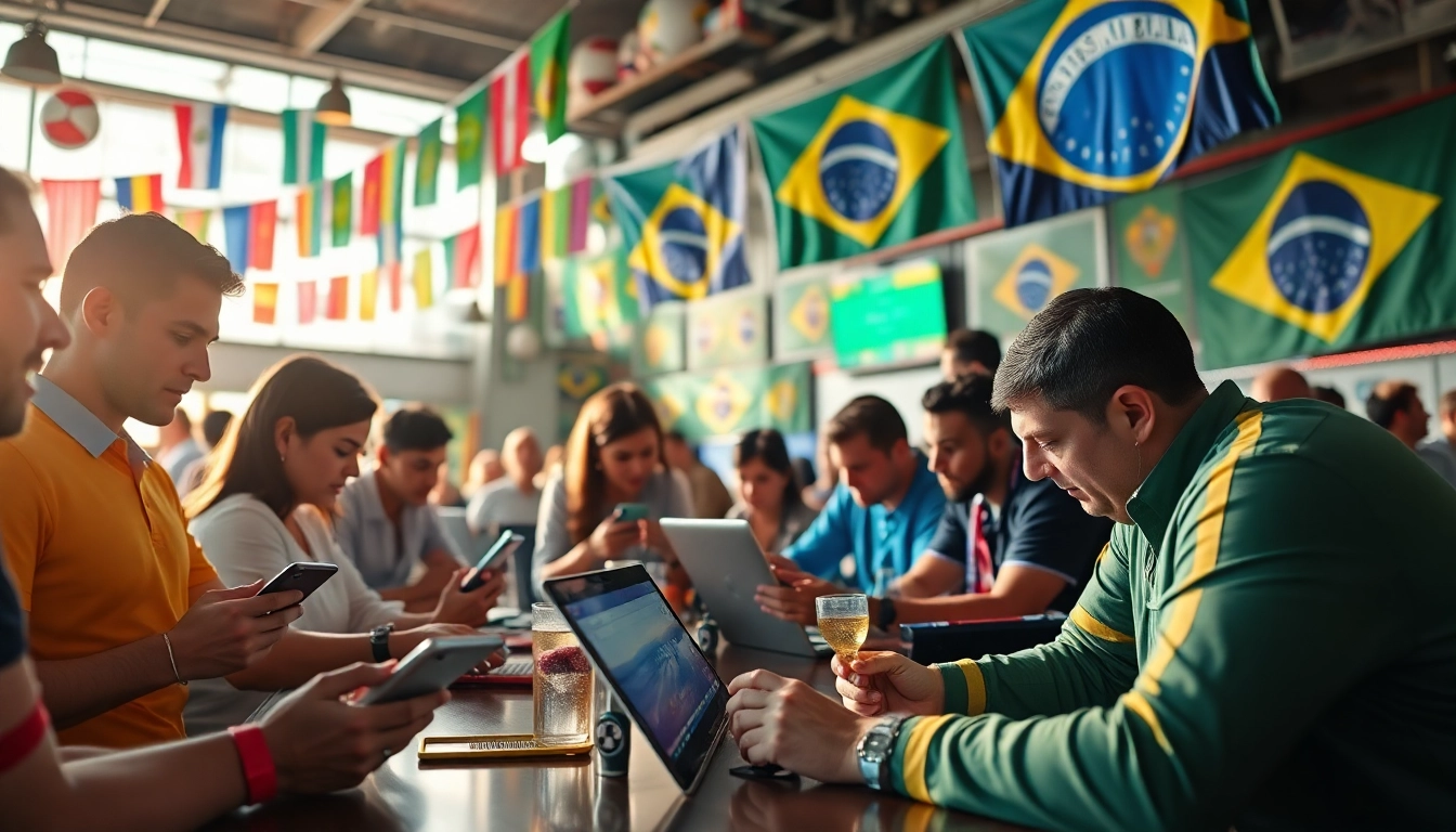 Engaging scene of users exploring the best sports betting sites in Brazil amid a lively atmosphere.