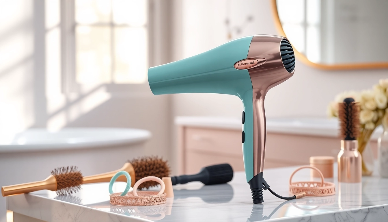 Stylish hair dryer for fine hair elegantly placed on a vanity table, showcasing its modern design.