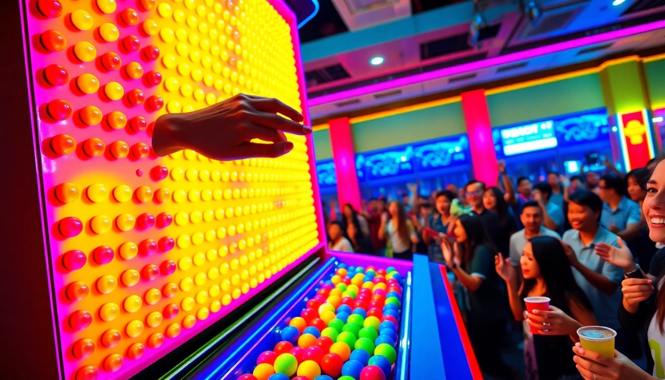 Menikmati pengalaman menarik situs plinko di arena permainan, dengan bola berwarna jatuh dari papan plinko yang ceria.