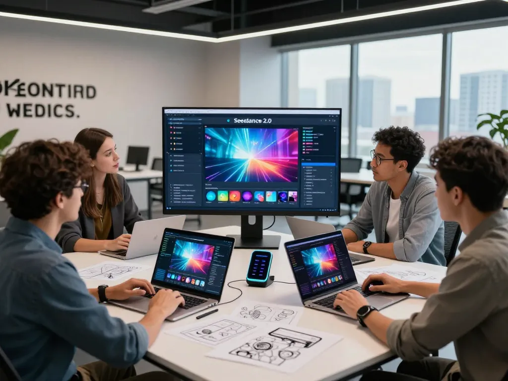 Creating engaging content with ai seedance 2.0 in a modern tech studio, professionals collaborating on innovative video projects.