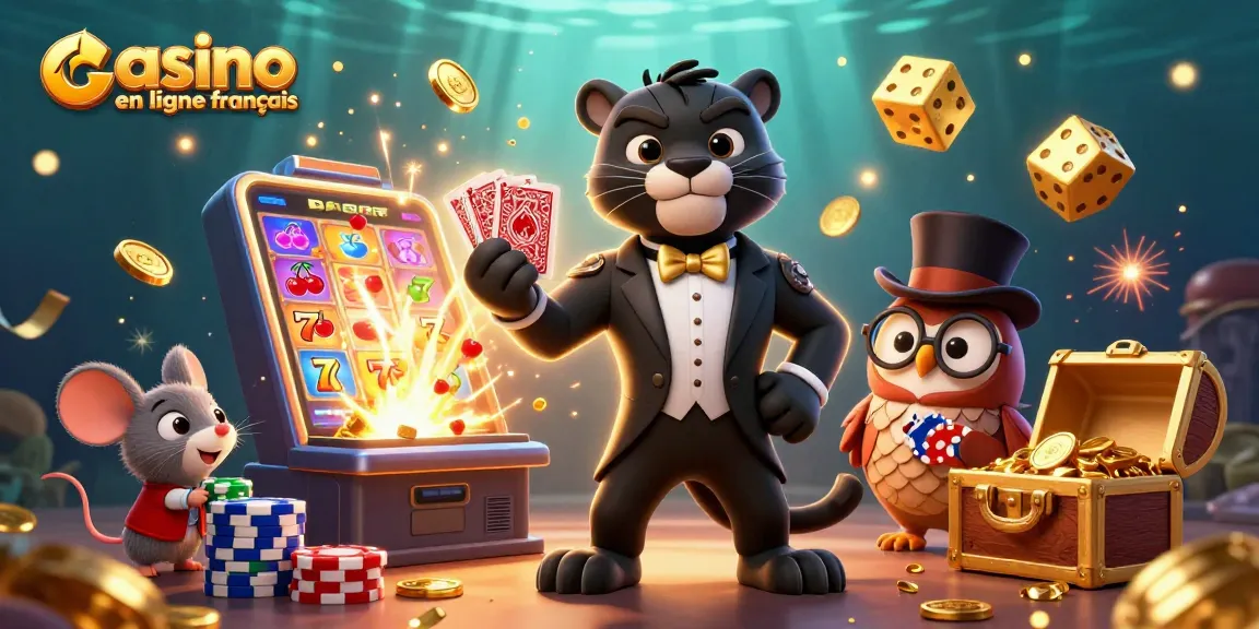 Illustrez votre expérience de casino en ligne français avec des personnages animés et des éléments de jeux vibrants.