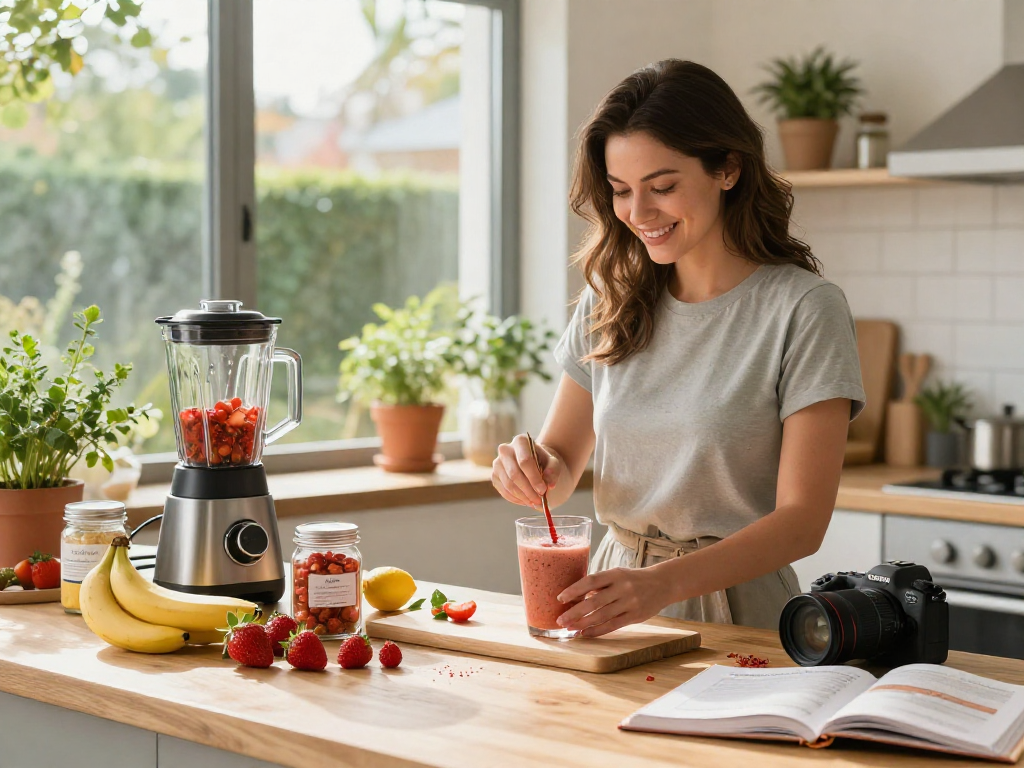 Preparing a nutritious smoothie with Haematococcus pluvialis astaxanthin in a bright kitchen.
