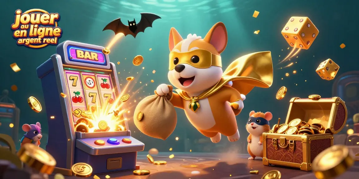 Jouer au casino en ligne argent réel avec un chien super-héros et des éléments de jeu scintillants.