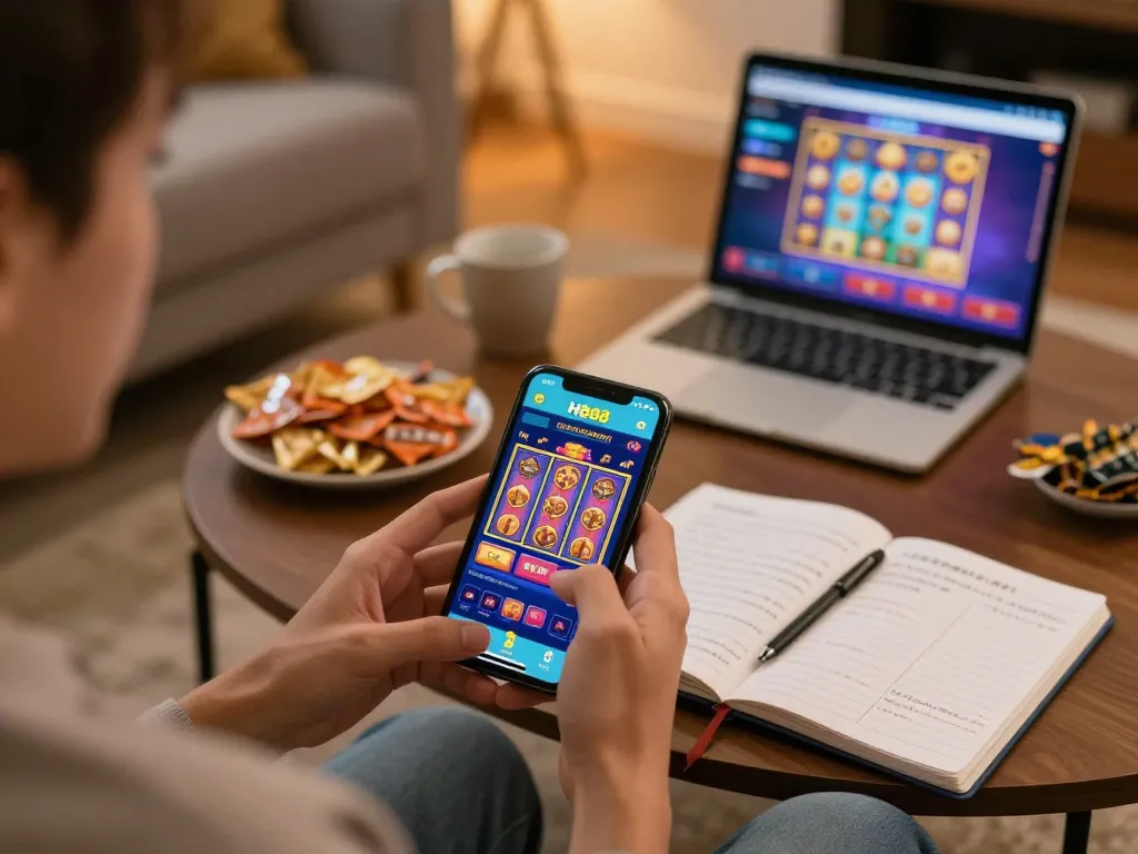 Engaged user playing on hb88 com mobile app in cozy living room, showcasing vibrant gaming atmosphere