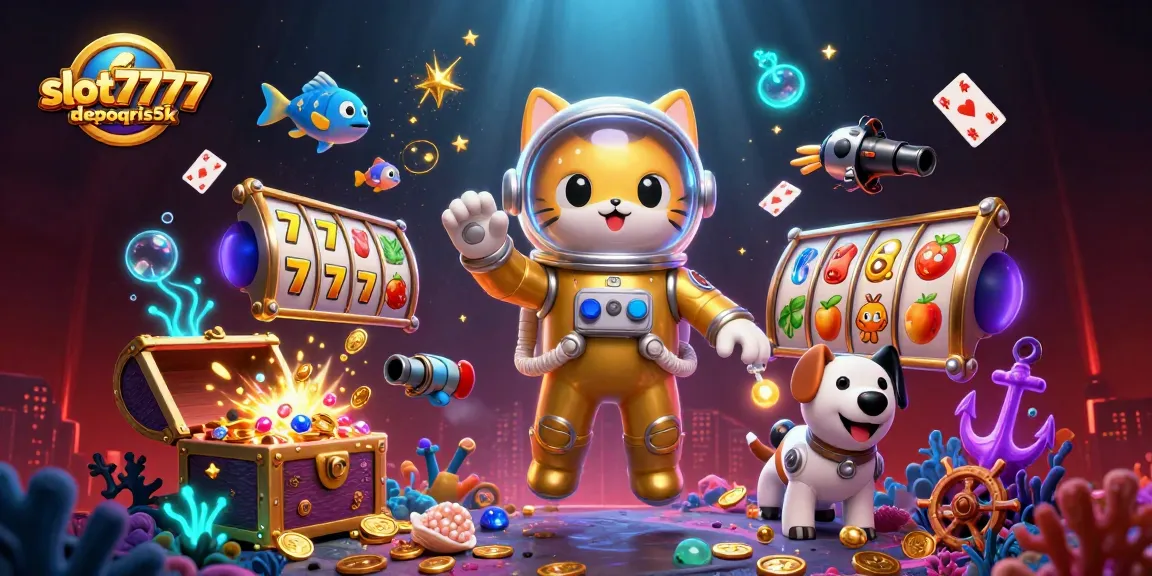 Engage in exciting gameplay at slot777depoqris5k with a vibrant 3D illustration showcasing dynamic slot machines and colorful aliens.